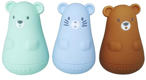 Nattou Jouets de Bain en silicone, 3 animaux jouets de bain pour la Baignoire, sans BPA, Silicone, Bleu/Turquoise/Marron
