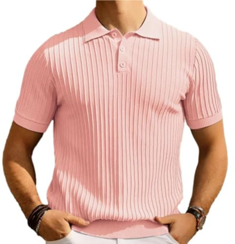 NITRY Tops Herren Slim Fit Mode Einfarbig Kurzarm Herren Casual Komfortabel All-Match Poloshirt Herren Jugend Klassisch Trend Sportshirt Herren D-Pink XL