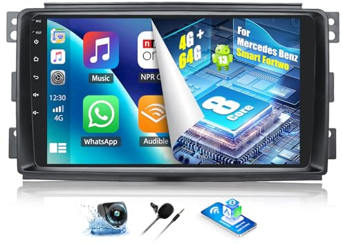 OiLiehu 4+64G 8 Core Android 13 2 DIN Radio para Mercedes Benz Smart Fortwo 451 2005-2010 CarPlay Android Auto Pantalla Radio Coche 9 Pulgadas con Bluetooth GPS FM RDS WiFi DSP/EQ