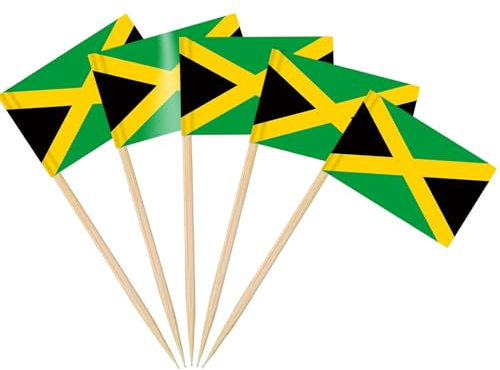 AhfuLife 100 Stück Jamaika Zahnstocher Flaggen, Jamaika Deko Fahne Klein Mini Zahnstocher für 2025 Jamaika Unabhängigkeitstag Olympische Jamaika Deko Cupcake Topper Toothpick Cocktail Party Pub Deko