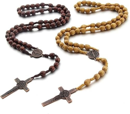 MisFun 2 Stück Holz Rosenkranz Perlen Halskette, Rosenkranz Holz Rosenkranz Kette, Religiöse Gebetskette mit Kreuz Anhänger Religiöser Schmuck, für Religiöse Kommunion, Taufe, Messe, Bibel