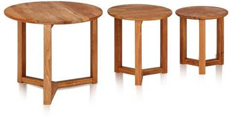 KHG Couchtisch 3er Set geöltes Massivholz Eiche runde Tischplatte Natur-Braun Kufen-Gestell klassisches Sofatisch-Set belastbar 50 kg