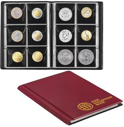 Uncle Paul Münzsammelalbum 60 Taschen - 4,5x4,5 cm / 1,8x1,8 Zoll Münzhalter Buch Münzlager Album Geld Penny Tasche für Sammler Röte CS0106RE