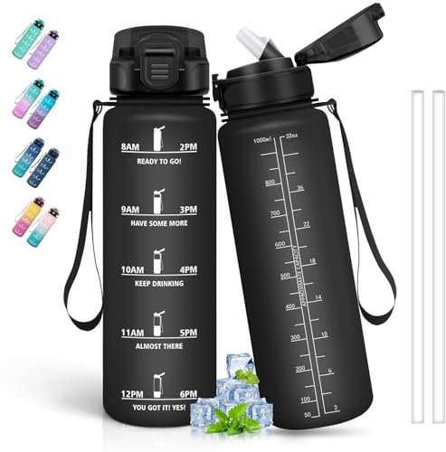 Botella Agua 1 litro, Botella Agua Gimnasio, A Prueba de Fugas, Botella Reutilizable con Pajita, Fácil de Limpiar, Botella de Agua Deportiva, para la Ciclismo, Senderismo, Correr, Negro