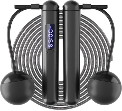 ACHDOFITS Skipping Ropes for Adults - 2 In 1 Tangle-Free Cordless Skipping Rope with Counter Large Ball-Weighted, Adjustable Steel Wire Jump Rope with LED Display, for Men Women Fitness and Workout