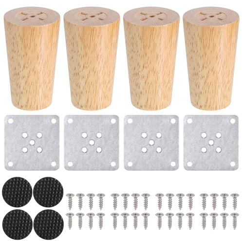 Zocipro 4Pcs Patas para Muebles de Madera 8cm, Patas de Madera de Sofá con Placas de Montaje Tornillos y Protector Antideslizante, para Sofá, Silla, Escritorio, Armario, Mesa de Té