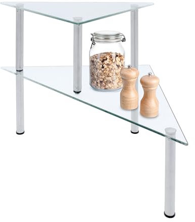 Spetebo Glas Eckregal für Arbeitsplatten mit 2 Ablagen - 49 x 35 cm - Zweistufiges Küchenregal dreieckig auf Edelstahl Füßen - Küchen Ordnungshelfer Gewürzregal Organizer Regal für Küche Bad