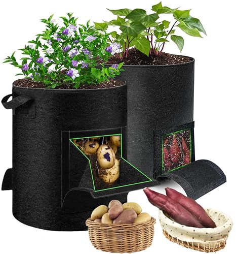 Lot de 2 sacs de culture pour pommes de terre de 38 litres - Sacs de culture avec poignées et 2 rabats transparents pour pommes de terre, carottes, tomates et autres légumes