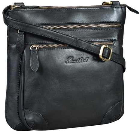 Benthill Umhängetasche Damen Leder | Schultertasche aus hochwertigem Rindsleder | Frauen Handtasche Echt-Leder | Vintage Bag Beutel Ledertasche, Farbe:Schwarz