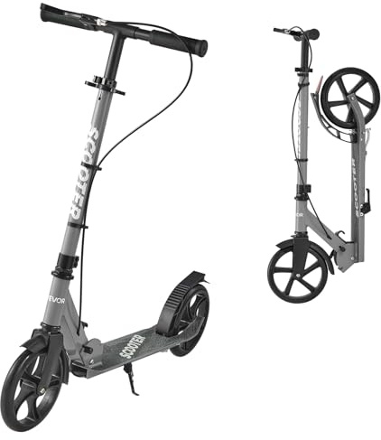 VEVOR Kick Scooter for Kids Ages 8+, Teens & Adults, 2-Wheel Toddler Scooter with Adjustable Height Handlebar, Wide Anti-Slip Deck, Foldable Lightweight Frame for Boys & Girls up to 220 lbs, Gray