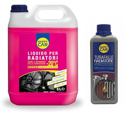 HappyCar Kit Turafalle 250 ml + Liquido Radiatore Rosso -20°C/+121°C 5L - Sigillante Perdite Acqua e Refrigerante Antigelo Antiebollizione per Auto e Moto - Pronto all’Uso