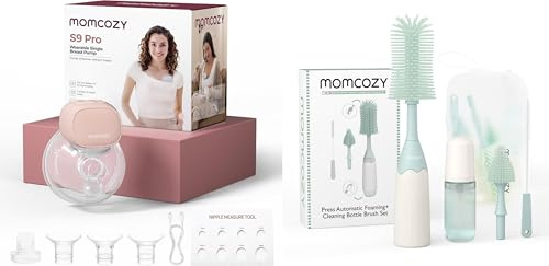 Momcozy S9 Pro Aktualisierte Milchpumpe Elektrisch Tragbar, Freihändige Milchpumpe & Momcozy Baby Flaschenbürste Set mit Druck-Schaumtechnologie | Silikon Flaschenbürste