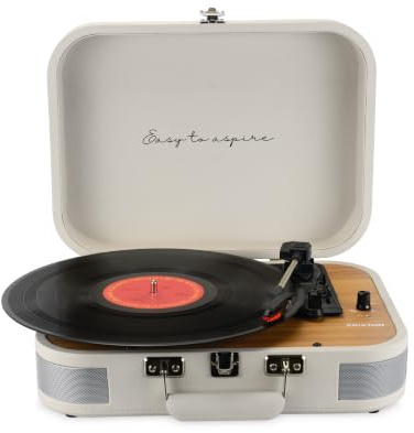 PRIXTON VC600 - Tocadiscos de Vinilo Vintage, Reproductor de Vinilo y Reproductor de Musica Mediante Bluetooth y USB, 2 Altavoces Incorporados, Diseño de Maleta (Crema)