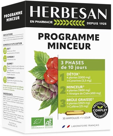 HERBESAN – PROGRAMME MINCEUR BIO – 3 phases : Détox, Minceur, Brûle-Graisse – Fabrication française – 10 plantes – Action complète – 30 ampoules de 10 ml