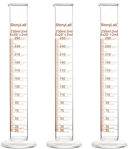 stonylab Lot de 3 Éprouvettes Graduées en Verre Borosilicate, Cylindre de Mesure de Laboratoire, Bec Verseur, 250 ml, Résistance Thermique 200°C