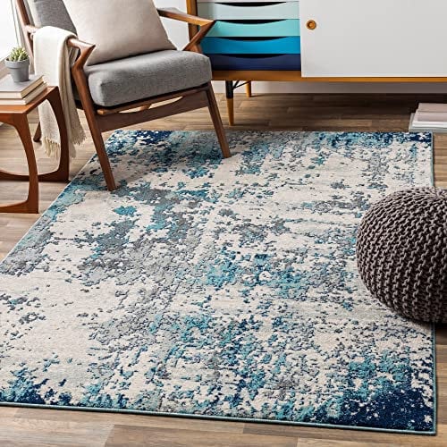 Livabliss Moroni Wohnzimmer Teppich modern – Abstrakt Design in Marmor Optik für Wohnzimmer 160x220 cm, Esszimmer, Schlafzimmer - Marmor Teppich groß, weicher Teppich Kurzflor Silber, Dunkelblau Grau
