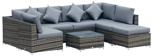 Outsunny 8 Piece Rattan Corner Sofa Set with Wide & Deep Seat, Assembled Aluminium PE Rattan Garden Furniture Set with Thick Cushions and Glass Top Table for Outdoor, Conservatory, Grey