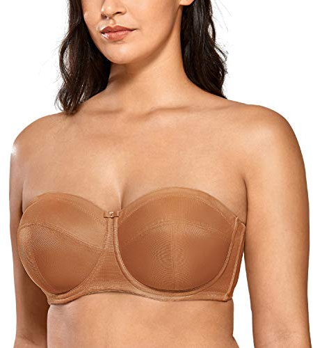 DELIMIRA Femme Soutien Gorge sans Bretelles Grande Taille avec Armature Bandeau Non Rembourré Antiglisse Noix de Muscade 90D