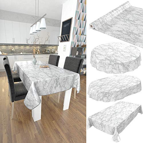 ANRO Tischdecke Wachstuch abwaschbar Wachstuchtischdecke Wachstischdecke Marmor Silber Edel Oval 200x140cm mit Saum - Eingefasst