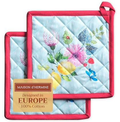 Maison d' Hermine Topflappen 100% Baumwolle Ostern hitzebeständig Set mit 2 Topflappen (20cm x 20cm) Hot Pads mit Schleife zum Grillen, Kochen, Grillen, Jardin D'Ete - Mint – Frühling/Sommer