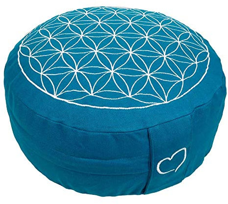 maylow Yoga mit Herz Yogakissen Meditationskissen Stickerei Blume des Lebens 33x15 cm für Anfänger und Geübte Bio-Dinkelspelz Füllung Bezug und Inlett Baumwolle waschbar (türkis/weiß)