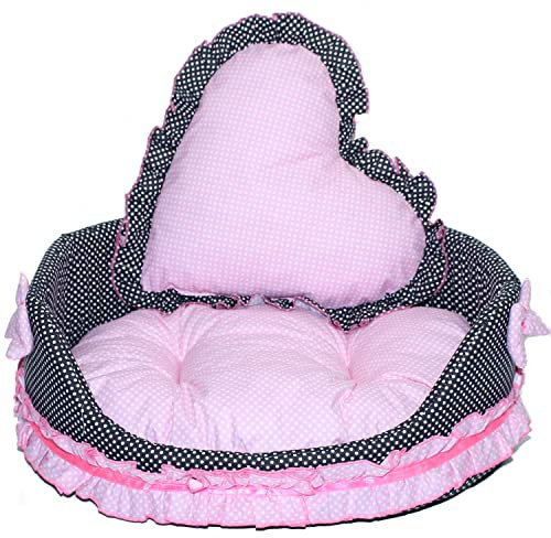 Primawela Hundebett Katzenbett mit Herz Kissen - Falbel Rosa- Hunde Katze Kissen Hundekorb Katzenkorb (Ohne Decke)