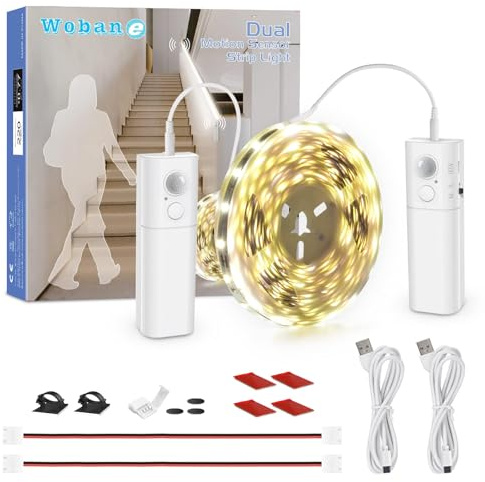 WOBANE 5m Treppenbeleuchtung mit 2 Bewegungsmelder, Wiederaufladbar 6000K | 2×2000mAh Akku, Auto Ein/Aus, Kabellos, Selbstklebend, Magnetische Batteriebox, Für Flur, Bett, Schlafzimmer, Kaltweiß