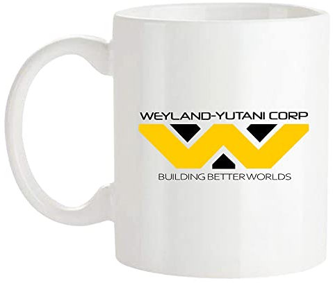 Fonhark - Aliens Mug, WEYLAND YUTANI CORP Logo, Building Better Worlds, 11 Oz Novelty Coffee Mug/Cup, White