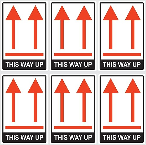 Aufkleber: 75x50 mm, 6 Stück - Kennzeichnung von Versandstücken - Paketorientierung Pfeile - hier oben - this way up - ADR/GHS/DGR/UN
