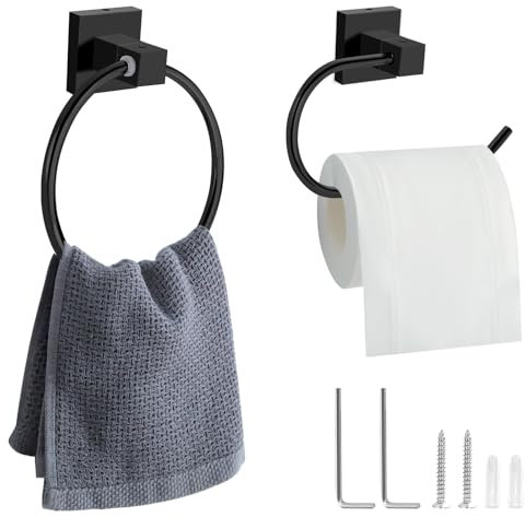 Ruig 2 Packs Toilet Roll Holder, Black Toilet Paper Holder Towel Ring Stainless Steel Wall Mounted Towel Holder Bathroom Accessories