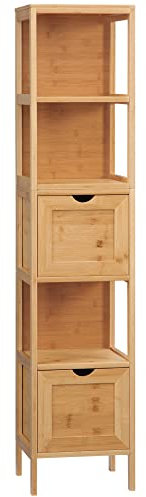 kleankin Meuble Colonne de Salle de Bain Armoire Haute Meuble de Rangement en Bambou 2 tiroirs Amovibles et 3 étagères - Design Naturel - 30 x 30 x 140 cm Naturel