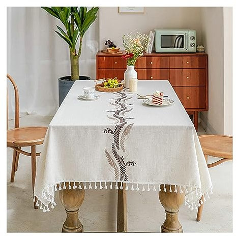KnSam Tischdecke, Blatt mit Quaste Tischtücher Baumwolle Leinen Tischdecke Geburtstag Tischbedeckung für Küche Esstisch Dekoration, für Drinnen Draussen Garten Esszimmer, 140x300CM, Kaffee