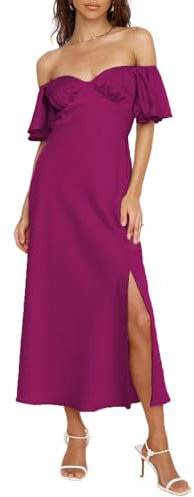 Vestido formal de satén con hombros descubiertos para mujer, elegante, manga de mariposa, vestido midi de cóctel con abertura para fiesta de graduación, Fucsia, Large