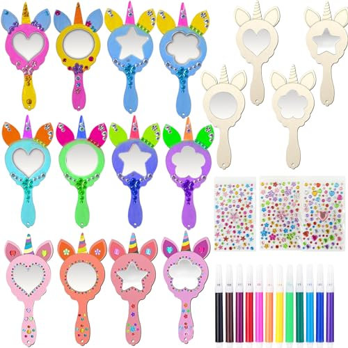 NAOLIU 12 Stück Einhorn Basteln Schminkspiegel Kinder, Kinderspiegel Einhorn Bastelset, Holz Bemalen Kinder, Einhorn Spiel Einhorn Mitgebsel für Party Kindergeburtstag Mädchen