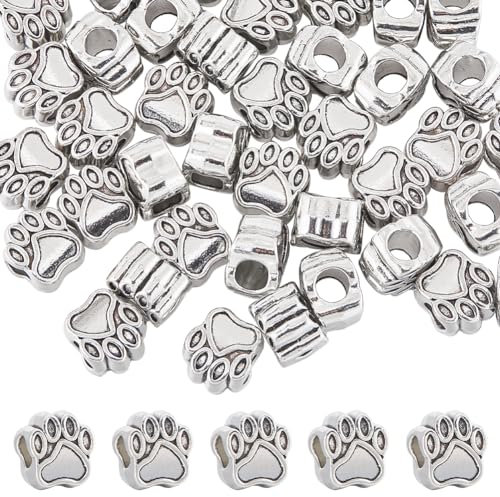 SUNNYCLUE 1 Box Mit 60 Stück Silberne Pfotenabdruck Perlen Große Hundepfoten Perlen Legierung Vintage Metall Welpe Katze Bär Tier Haustier Niedlich Großes Loch Abstandshalter Fußabdruck Perlen Für Die