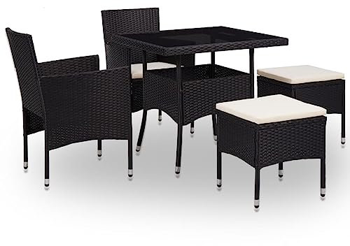 QJBSAVVA 5-TLG Garten-Essgruppe, eckbank Balkon Tisch eckbankgruppe stehtisch Geeignet für Flur Innenhof Café Balkon Schwarz Poly Rattan und Glas