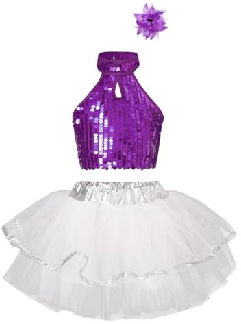 TiaoBug Vestito da Ballo Latino Americano Bambina con Paillettes Tutu Abito da Ballo Jazz Samba Salsa Rumba Jazz Vestito da Danza Classica con Bowknot Polsini Dancewear Viola D 6-7 Anni