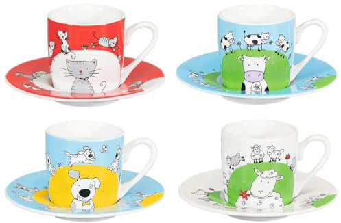 tea4chill Könitz Espresso Tassen Set Globetrotter. Kaffeetassen mit je 65ml aus Porzellan. Espressotassen modern, bunt, lustig