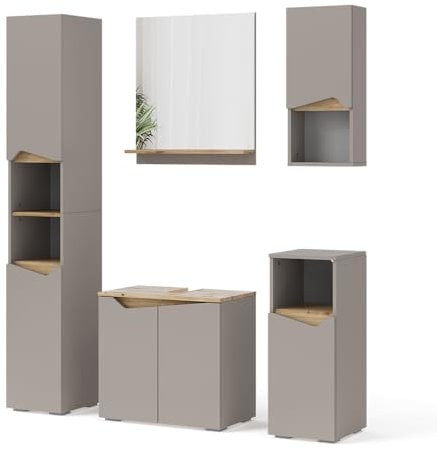 Vicco Badmöbel-Kombination Marelle, Badezimmerschrank-Set, Greige/Artisan-Eiche, 5 Teile