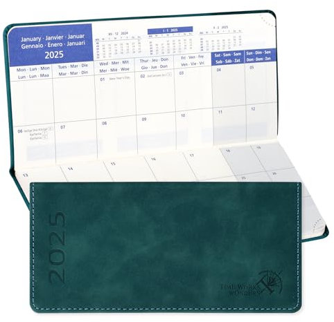 POPRUN Kalender 2025 Monatsplaner 17,4 x 8,3 cm - 12 Monate Monatskalender Softcover (Jan 2025 - Dez 2025) - 1 Monat 2 Seiten, 64 Seiten, 80 GSM Papier mit PU-Leder - EU-25-C6MLR7-PTL