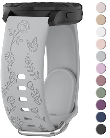Quick Release Rose Butterfly Engraved Strap for Smart Watch Straps 20mm Women,Silicone Sport Replacement Strap with Silver Plated Stainless Steel Buckle for Samsung Galaxy/Garmin/Fossil/Amazfit(Gray)