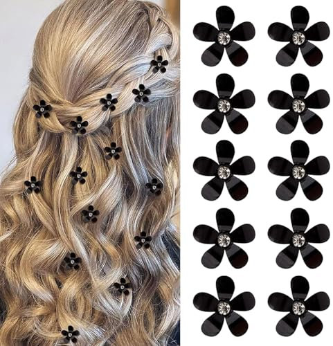 Mezrkuwr - 10 mini fermagli per capelli con strass, graziosi fermagli per capelli a forma di fiore, forcine per capelli decorative, per matrimonio, accessori per capelli, nero