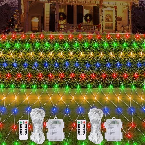 Battery Operated 2 Pack 1.5m x 1.5m 100 LED Fairy Lights with Remote Timer 8 Modes Dimmable Outdoor Net Mesh Lights for Christmas Tree Bush Garden Backyard Décor (Multicolor)