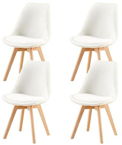 H.J WeDoo 4er Set Nordic Lamm Plüsch Esszimmerstuhl,Küchenstuhl mit Massiven Buchenstuhl Beinen und Lammwolle Kissen,Geeignet für Casual Stühle in Büros,Küchen und Räumen,Weiß