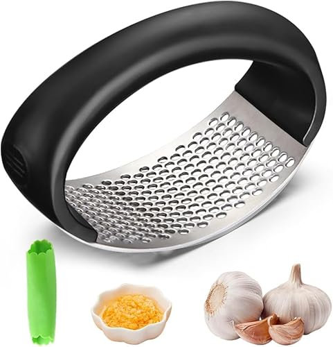 Garlic Crusher Press - Stainless Steel Garlic Crusher Presser, Kitchen Garlic Rocker, Garlic Ginger Grater Chopper Mincer Slicer Squeezer Smasher with Silicone Garlic Peeler (Black)