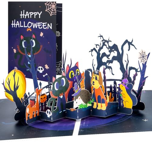 CNLITIHEKA Halloween-Pop-Up-Karte mit lustigen Tieren, niedliche Halloween-Karte für Kinder, 3D-Halloween-Grußkarte mit Umschlag und Notiz | Halloween Karten - Gruselige Szenen 3D Halloween Grußkarte - mit Umschlag