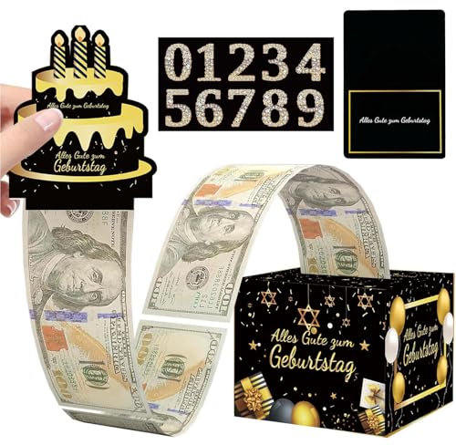 Geldgeschenk Happy Birthday Geschenkbox mit Deutsch: Alles Gute zum Geburtstag, WISIRENT Geburtstag Spardose für Bargeld Geschenk mit Grußkarte, Überraschungsbox-Geschenkbox