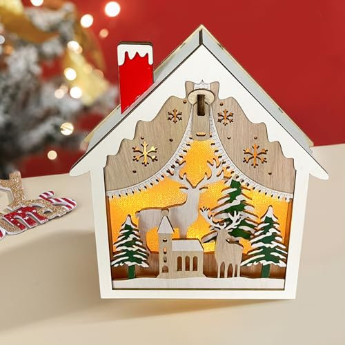 Weihnachtsdeko Holz, Led Weihnachtsbeleuchtung Häuser, Holzdeko Tisch Beleuchtet Beleuchtet, Weihnachten Deko Innen Winter Tischdeko Amerikanisch Batteriebetrieben Fenster Wohnzimmer Adventsdeko (A)