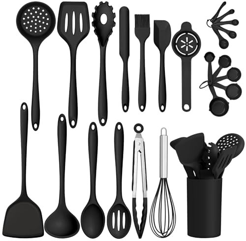 Kitchen Utensils Set, Homikit 24 Piece Silicone Cooking Utensils Set with Holder, Non-Stick Spatula Spoons Turners Safe for Cookware, Healthy, Heat Resistant & Dishwasher Safe - Black