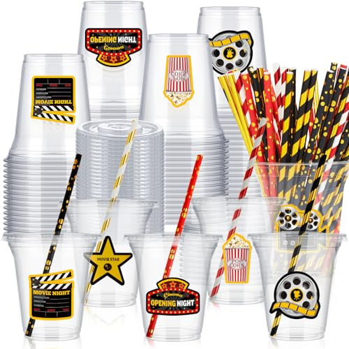 Boao 36 Sets Movie Night Party Cups with Lids and Paper Straws 14 oz Movie Night Birthday Party Supplies Favors Disposable Clear Plastic Cups Bulk